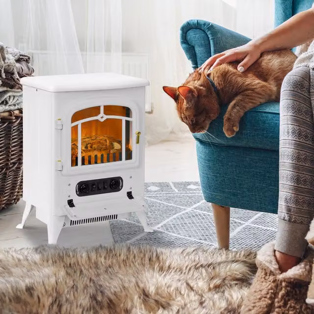 HOMCOM Electric Fireplace Stove Heater with Flame Effect in White