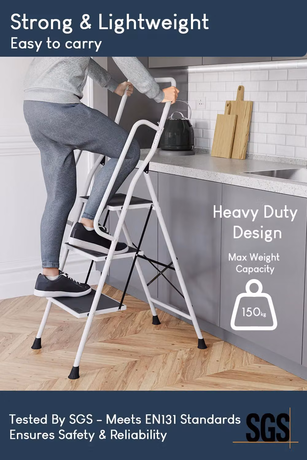 Home Discount Vida 3 Step Folding Ladder with Handrail and Anti-Slip Mat in White – 5