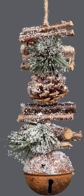 Shatchi Rustic Brown Christmas Hanging Decoration with Jingle Bells, Wooden Sticks, Berries and Pinecones, Height: 33 cm