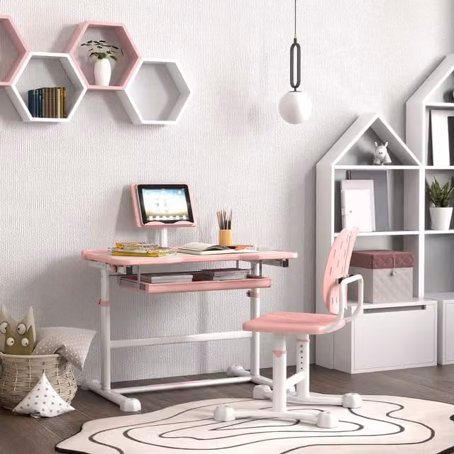 AIYAPLAY Height Adjustable Kids Desk and Chair Set with Tilting Desktop, Pink