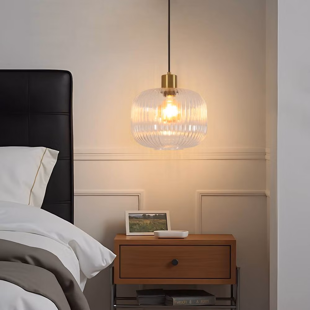 Goeco Modern Round Glass Pendant Light with Transparent Ribbed Shade and Gold Finish – 2