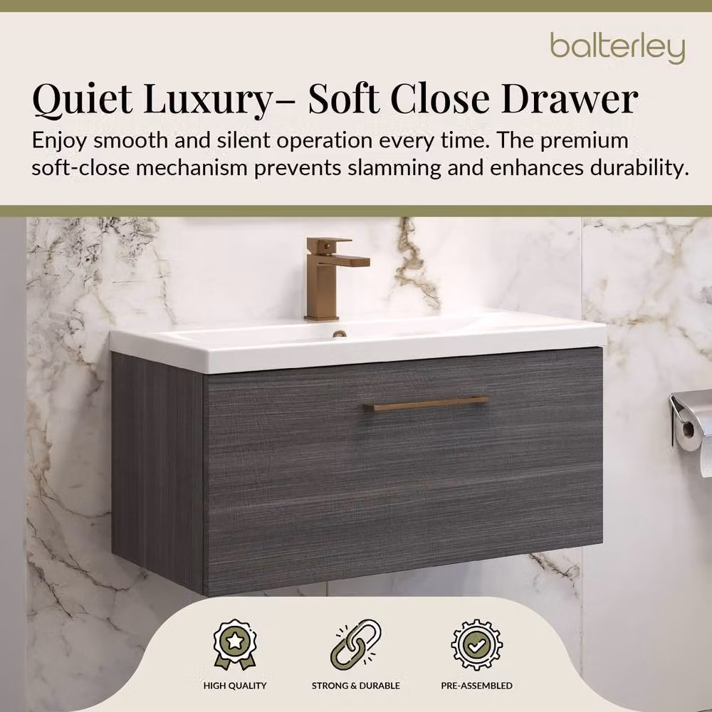 Balterley 800mm Wall Hung 1 Drawer Vanity in Woodgrain Anthracite with Bronze Handle and Grey Finish – 3