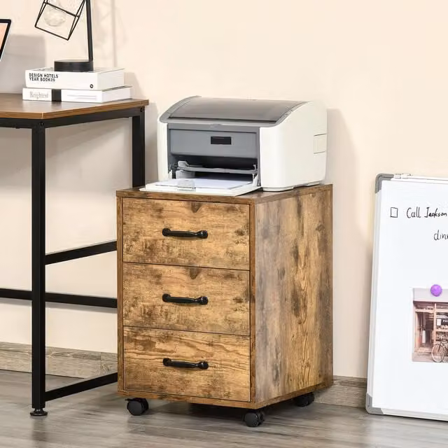 HOMCOM Rolling File Cabinet with 3 Lockable Drawers in Brown