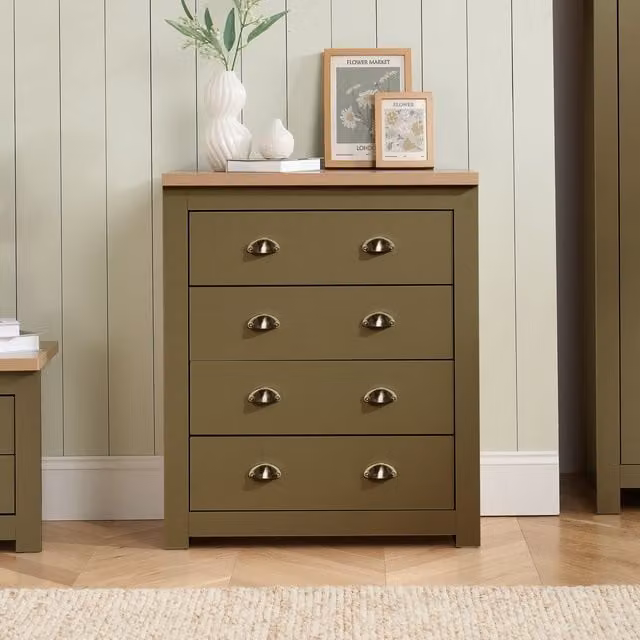 Birlea Highgate 4 Drawer Chest of Drawers in Olive Green and Oak