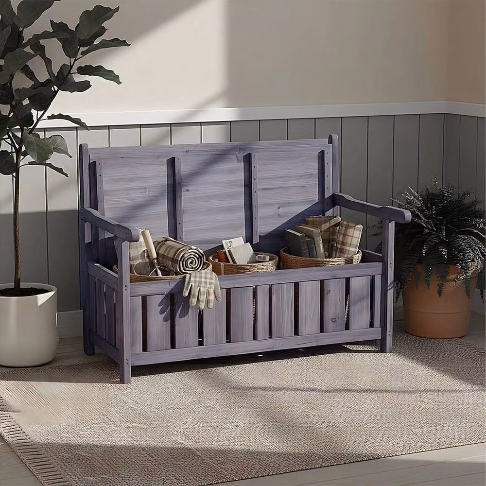 KORVIXA Grey Wooden Garden Bench with Cushion Storage, Made from Treated Spruce Wood, W/D/H: 150 x 109 x 100 cm – 4