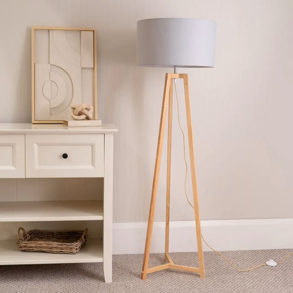 ValueLights Lottie Modern Wooden Tripod Floor Lamp Base in Grey and Natural Wood, H 131 cm x W 38 cm – 2