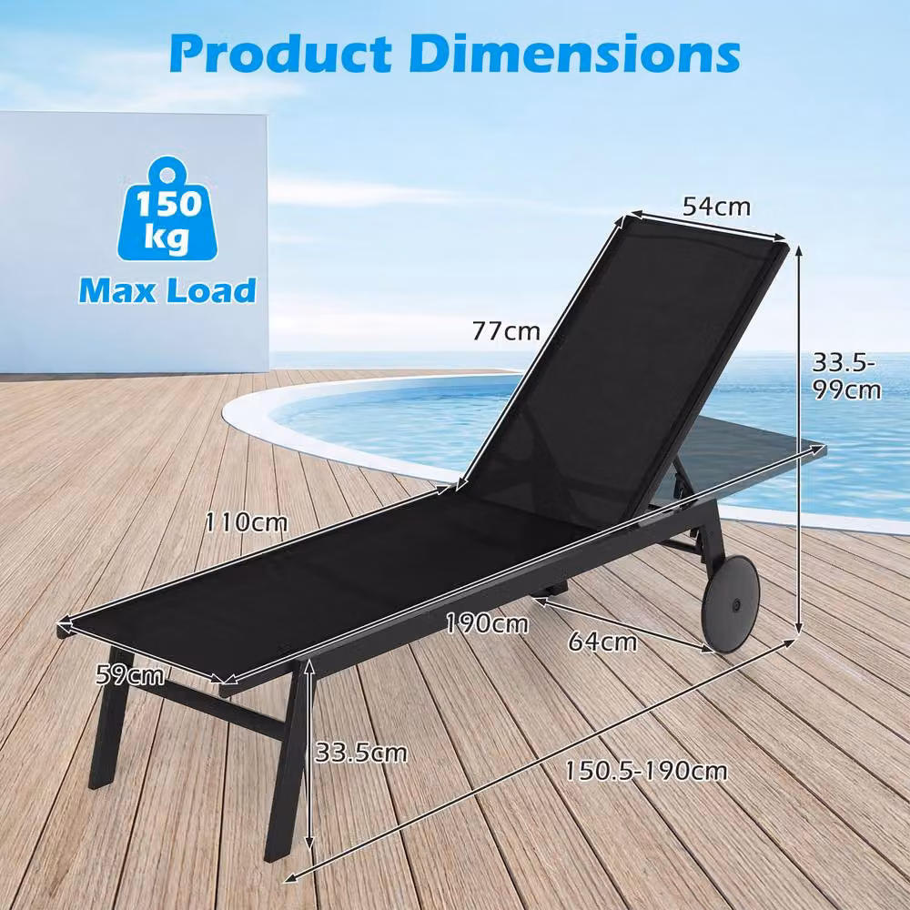 Costway Black Patio Sun Lounger Chair with Wheels and 6-Position Adjustable Headrest – 3