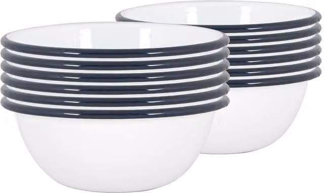 Argon Tableware Set of 12 White Enamel Steel Bowls, 16 cm, Blue