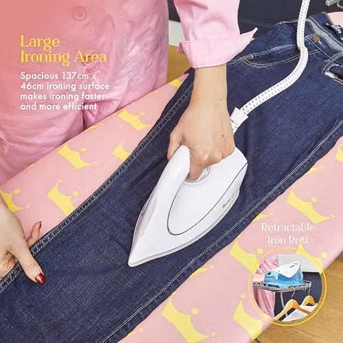 Swan x Lynsey TV Queen of Clean Large Ironing Board with Adjustable Height and Heat Reflective Smooth Glide Cover, Pink and Grey, W: 137 cm, D: 46 cm – 3