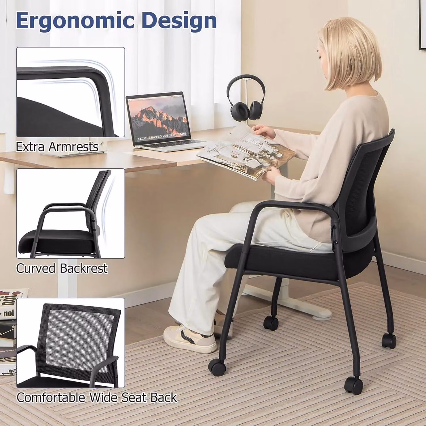 Gymax Set of 2 Black Mesh Office Guest Chairs with Metal Frame, Armrests and Swivel Castors – 4