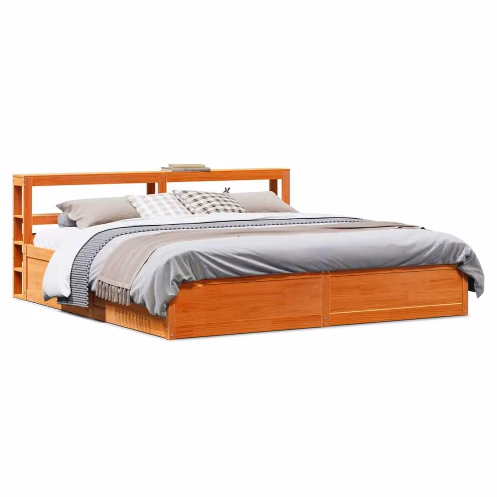 Berkfield Home Sleek Solid Wood Pine Bed Frame with Headboard and Bedside Shelves, Wax Brown, W/D/H: 200 x 82 x 206.5 cm – 2