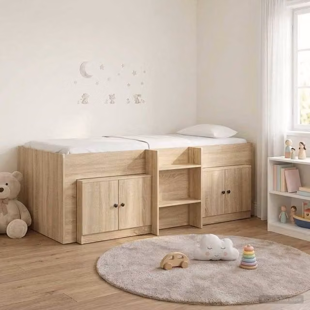 Berkfield Home Loft Bed Frame with Cabinet in Sonoma Oak Brown, 3-Piece Engineered Wood Set – 1
