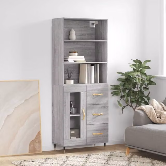 Berkfield Home Grey Sonoma Highboard with Glass Doors and Internal Shelves, H 180 x W 69.5 x D 34 cm