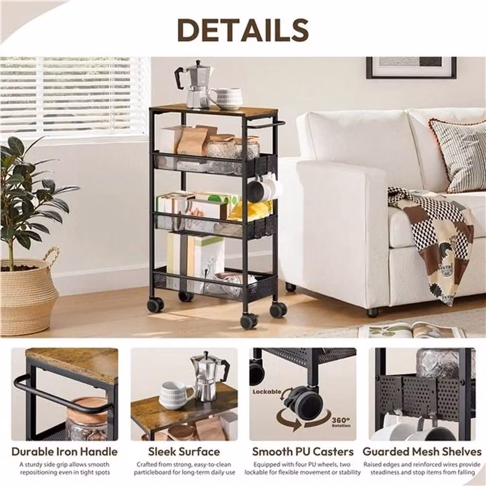 Kelvenix 4-Tier Brown and Black Rustic Storage Trolley on Wheels – 5