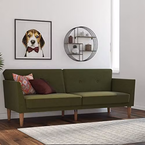 Novogratz Regal Mid-Century Upholstered Sofa Bed in Green Fabric with Solid Wood Frame – 1