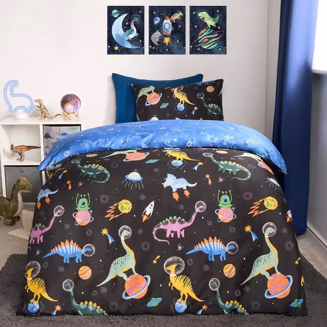 OHS Space Dino Reversible Junior Duvet Cover Set in Navy, Black, Blue and White