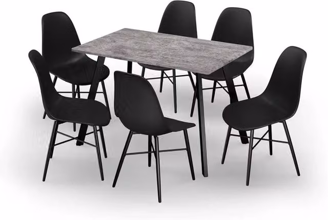 URBNLIVING Modern Dining Set with Concrete Rectangular Table and 6 Black Tulip Chairs, W: 110 cm, D: 70 cm, H: 75 cm