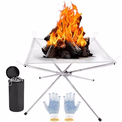 Shatchi Portable Stainless Steel Mesh Fire Pit in Silver with Heat Resistant Gloves and Carrying Bag, Diameter: 42 cm