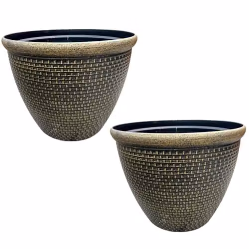 Gr8 Garden Cromarty Round Plastic Plant Pot Planter, Gold, Pack of 2, Diameter: 36 cm