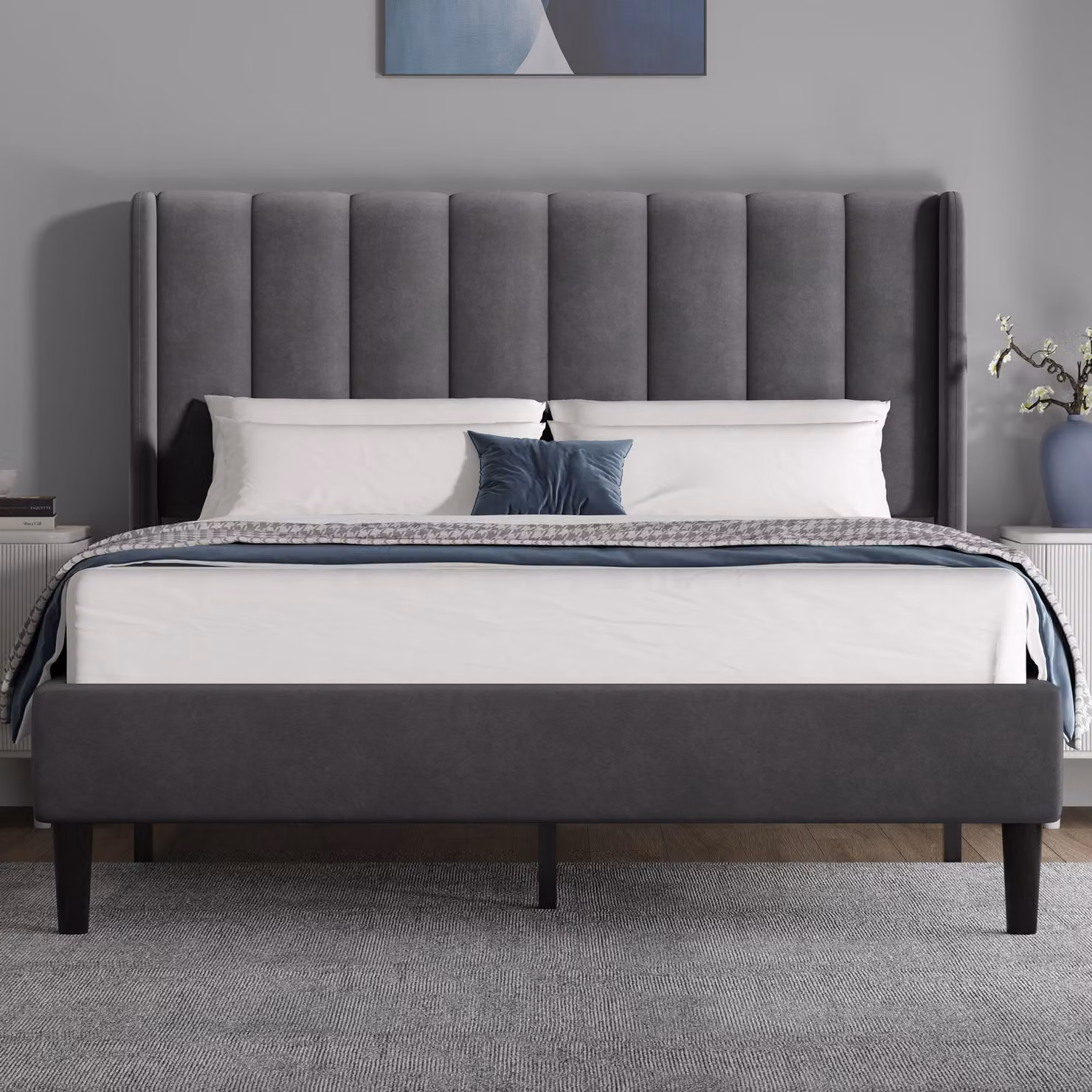 DHS Vertical Line Velvet Upholstered Bed Frame, Grey, 180 x 200 cm