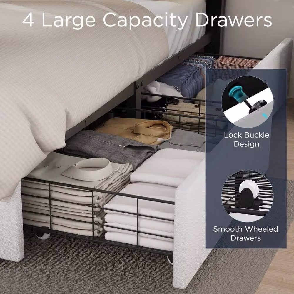 FORGEVIO Upholstered Storage Bed Frame with Drawers in White – 2