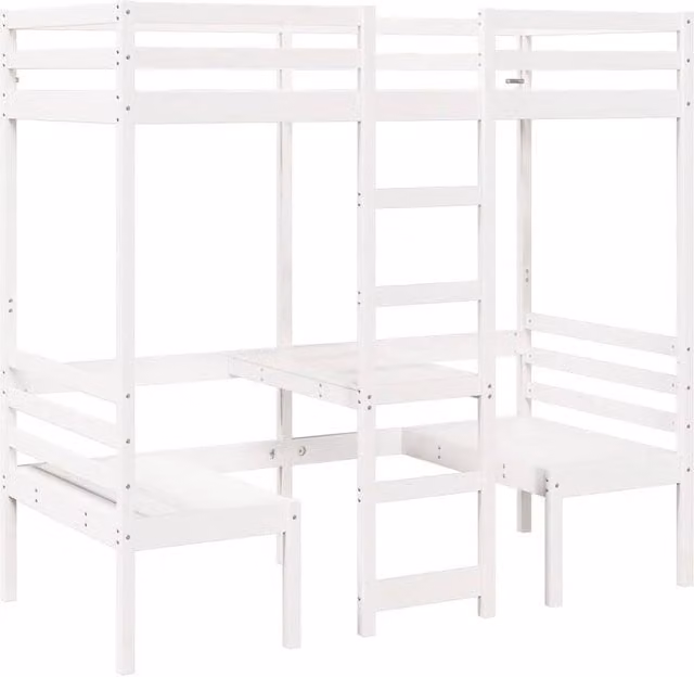 Berkfield Home Loft Bed Frame with Desk and Chairs in White Solid Pine, W/D/H: 80 x 200 cm