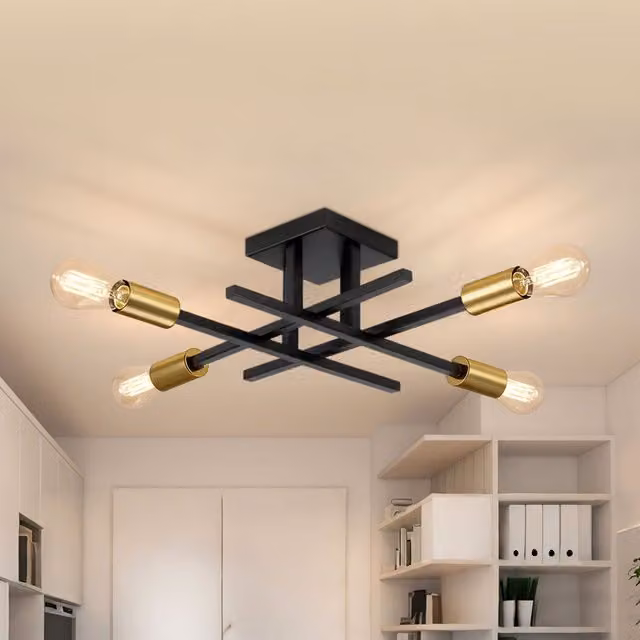 Emitto Modern Metal Semi Flush Mount Ceiling Light Fixture in Black and Gold