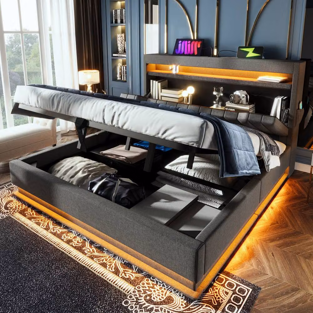 BTM Grey Linen Upholstered Super King Bed with LED Lighting, USB-C Charging and Hydraulic Storage, W/D/H: 200 x 180 x 111 cm – 8