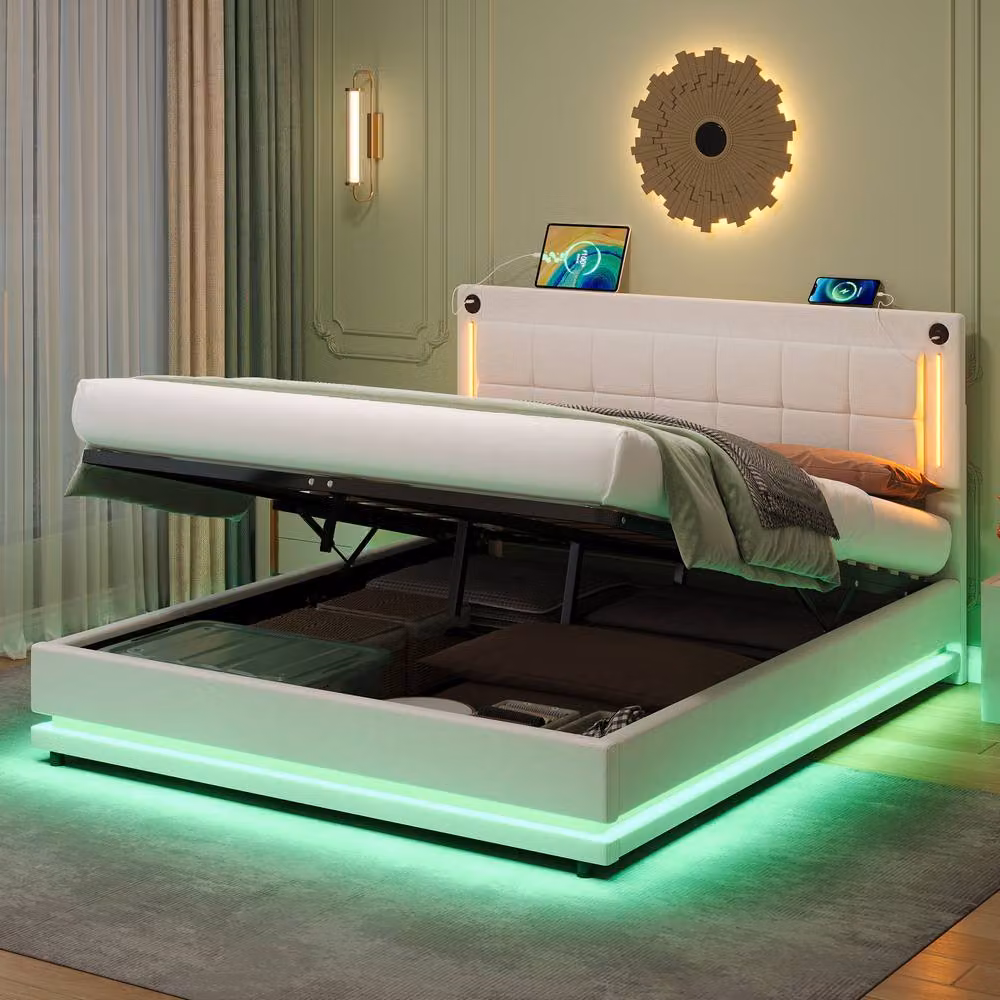 Rolipo King Size Velvet Hydraulic Storage Bed with LED Lighting and USB Ports in Beige, W/D/H: 180 x 200 cm – 2