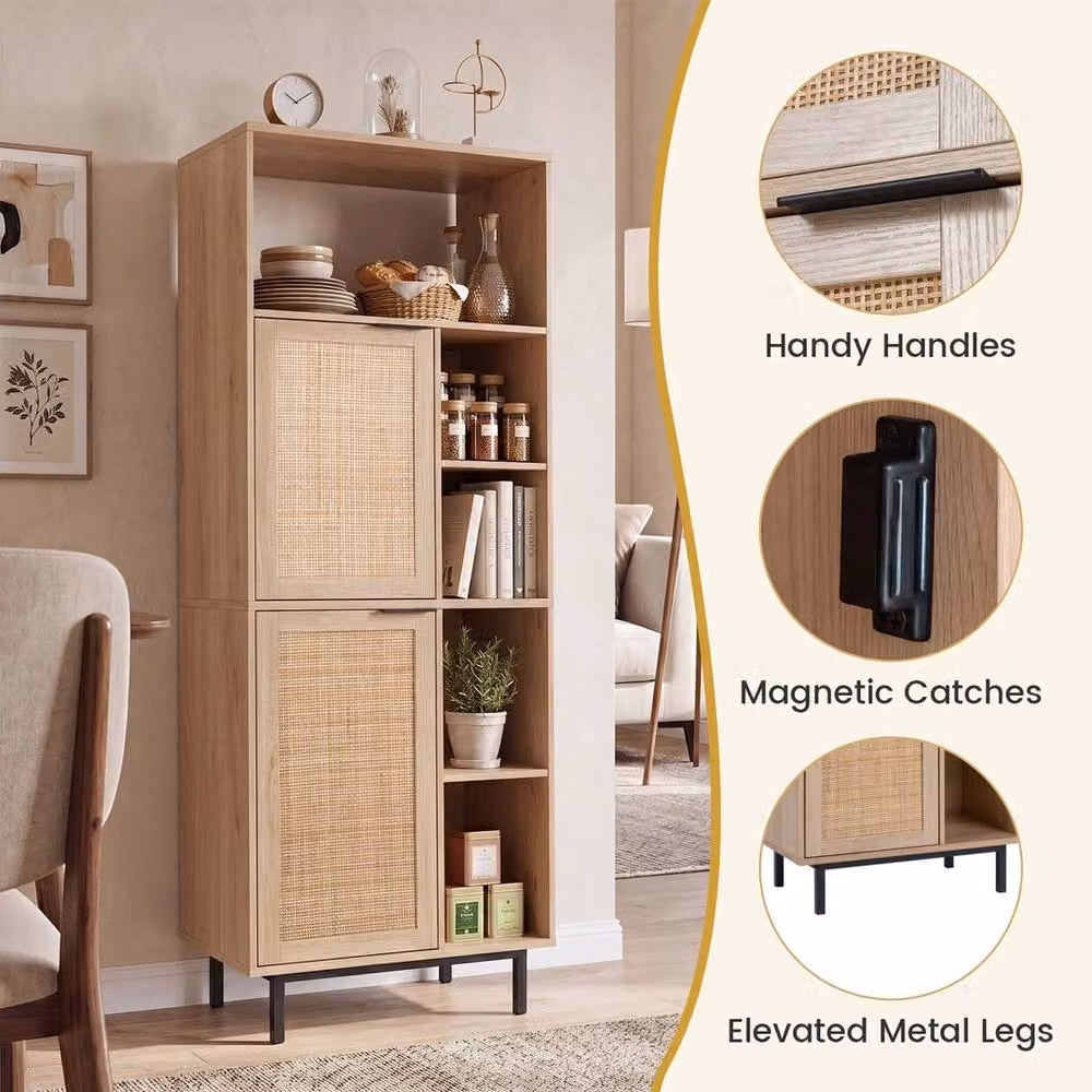 VOGREX 5 Cube Rattan Storage Cabinet with Hinged Doors and Metal Legs in Beige – 3