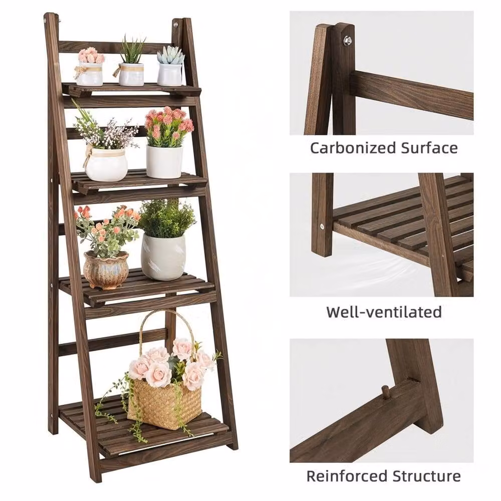 NESTLUNE 4 Tier Wooden Ladder Plant Stand in Brown, H 110 x W 32.5 x D 32.5 cm – 3