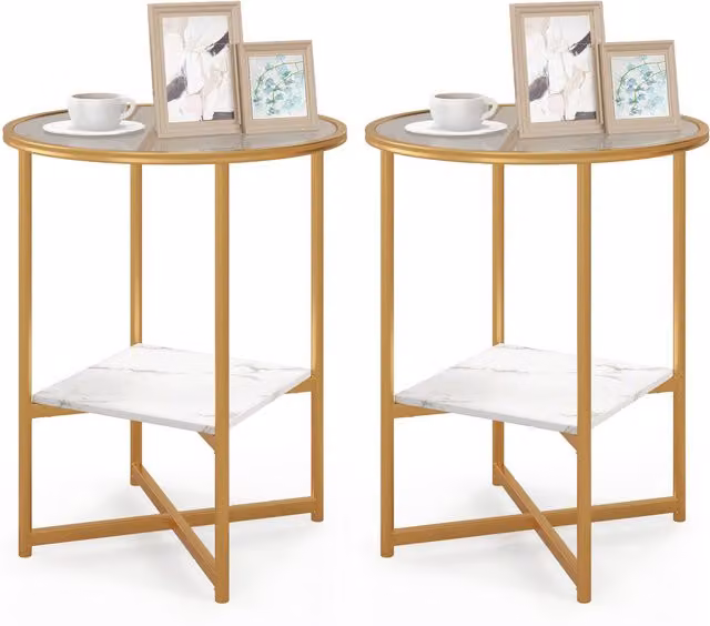 COSTWAY 2 Pack Round Glass Side Tables with Gold X-Frame Metal Legs in White and Gold