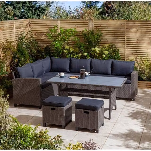 Cheshire 8 Seater Modern Rattan Corner Garden Dining Set with Grey and Blue Cushions