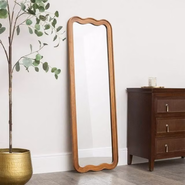 Melody Maison Natural Wood Wavy Edge Full Length Wall and Leaner Mirror in Brown, W: 47 cm, H: 142 cm