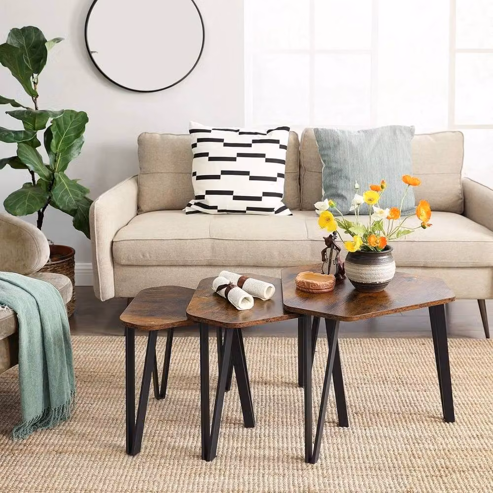 FORGEVIO Set of 3 Nesting Coffee Tables in Brown Industrial Style – 3
