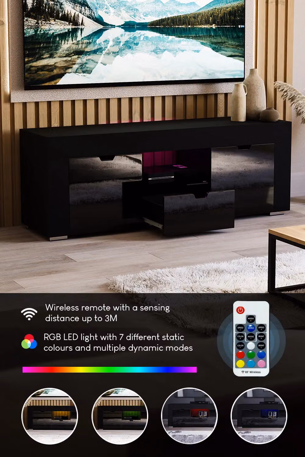 Vida Designs Eclipse Modern Black Glossy TV Unit with 2 Doors, 1 Drawer and Integrated LED Lighting – 3