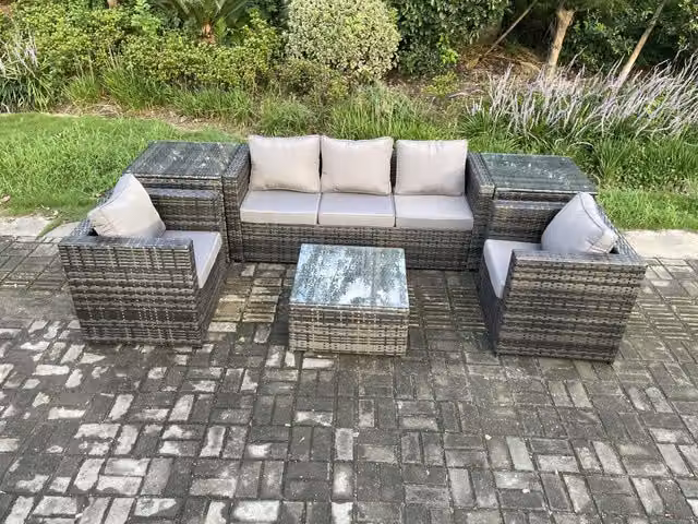 Fimous 6 Piece Rattan Garden Furniture Set in Dark Grey with 3 Seater Sofa, Armchairs, Coffee Table and Side Tables
