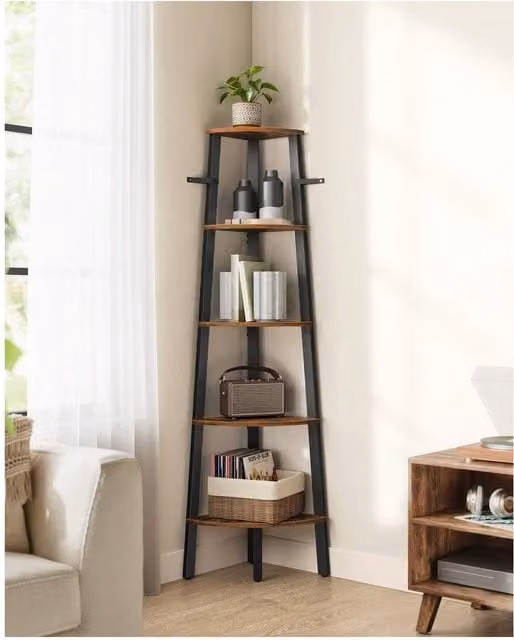 VASAGLE 5 Tier Corner Ladder Bookcase and Plant Holder in Bronze, H 159 x W 34.5 x D 34.5 cm