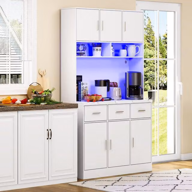 Aosom UK Modern Tall Pantry Cabinet in White with App-Controlled LED Lighting and Water-Resistant Worktop, W: 40 cm, D: 100 cm, H: 180 cm