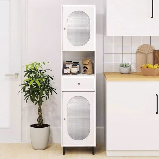 SPETLEK Tall White Bathroom Storage Cabinet with Metal Legs and Rattan Detail