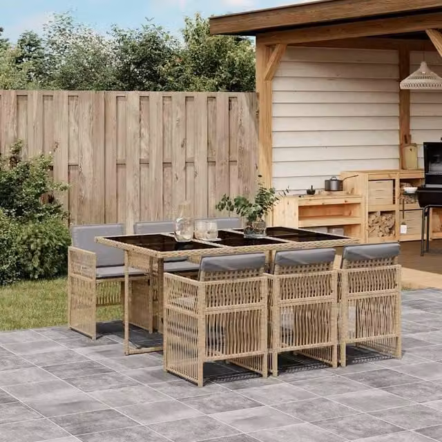 Berkfield Home Garden Rectangular Polyrattan Dining Set with Glass Top in Beige and Black