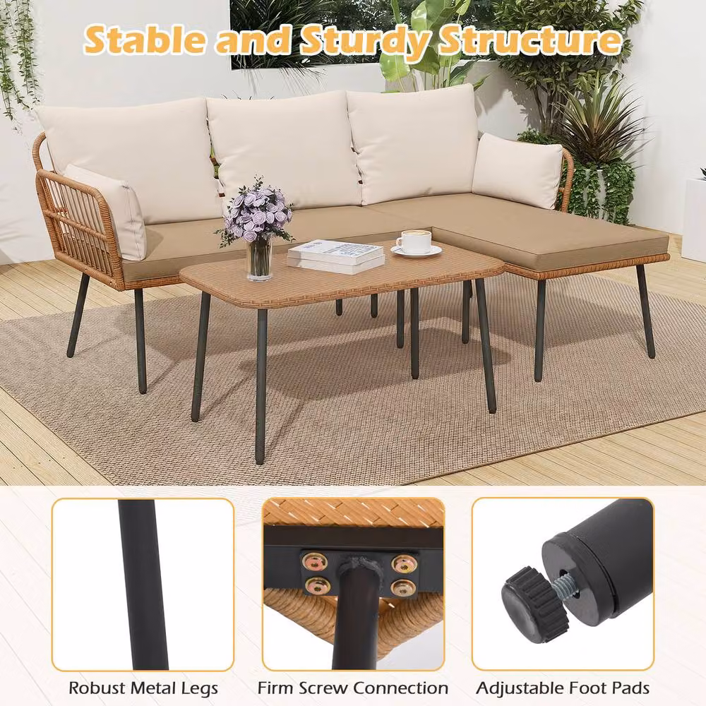 Costway 3-Piece Rattan Patio Sectional Sofa and Coffee Table Set in Brown – 4
