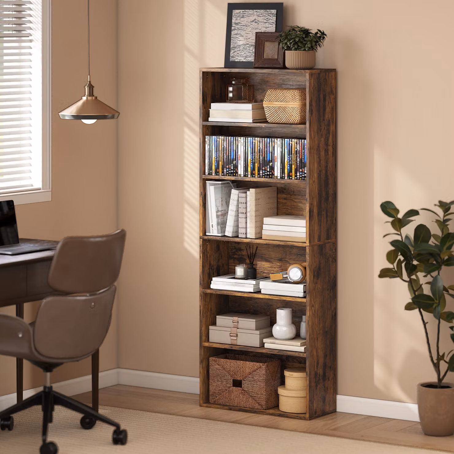 HOMCOM Six Shelf Freestanding Bookcase with Adjustable Shelves in Rustic Brown – 5