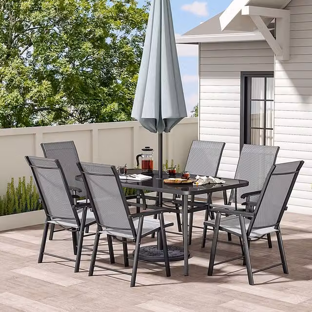 Livingandhome 7 Piece Outdoor Patio Bistro Dining Set in Black with Glass Top Rectangle Dining Table and 6 Folding Chairs, W: 150 cm