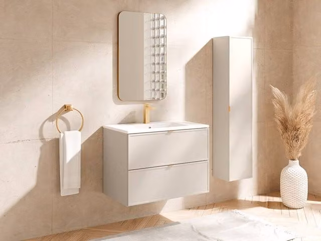 Vente-unique Modern Wall-Mounted Beige Bathroom Vanity Unit with Ceramic Inset Basin and Tall Storage Cabinet W/D/H: 60 x 45 x 80 cm – 1