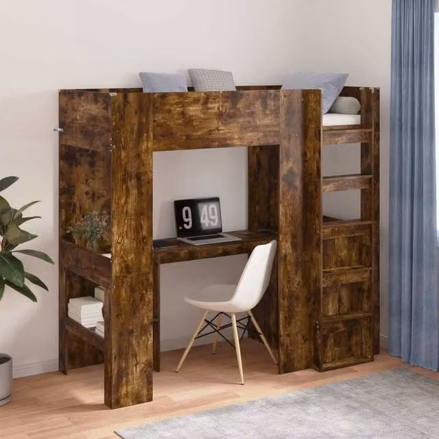 Berkfield Home Loft Bed Frame with Desk in Smoked Oak Brown, Engineered Wood, W: 75 cm, L: 190 cm – 1