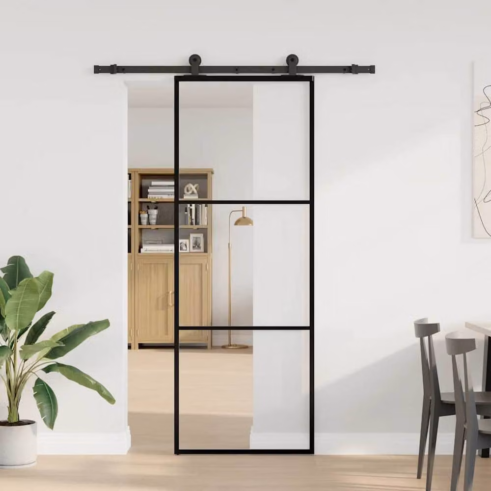 Berkfield Home Sliding Door with Hardware Set, Black ESG Glass and Aluminium, W: 76 cm, H: 205 cm – 2