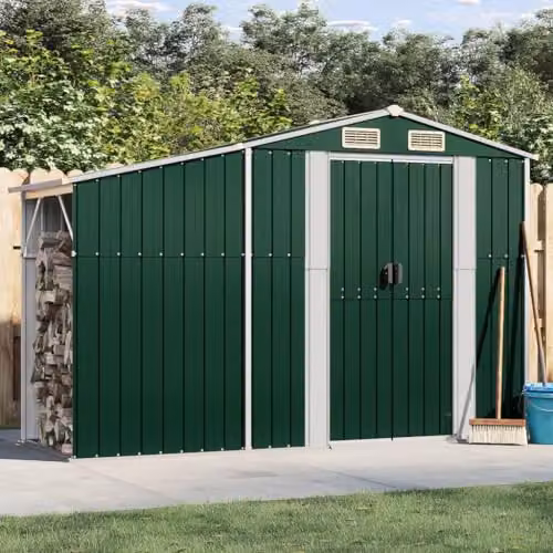 vidaXL Garden Shed in Green Galvanised Steel, W: 277 cm, D: 93 cm, H: 179 cm