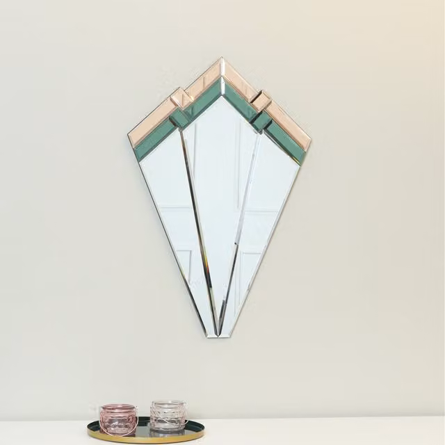 Melody Maison Art Deco Geometric Glass Wall Mirror in Green and Pink, W: 60 cm, H: 40 cm