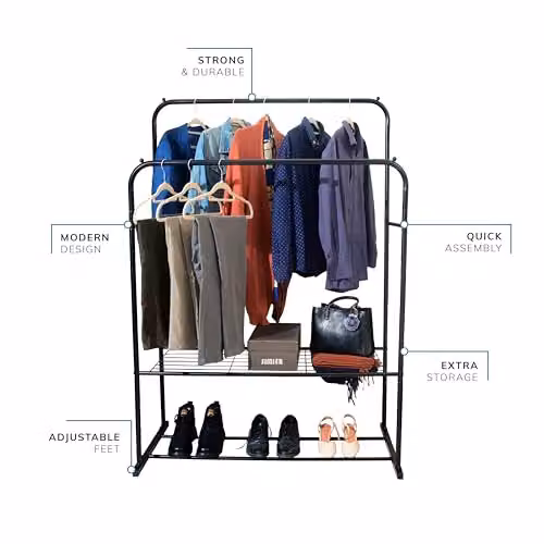 House Of Home Heavy Duty Double Metal Clothes Rail with Shoe Rack in Matt Black, W/D/H: 153 x 110 x 50 cm – 6